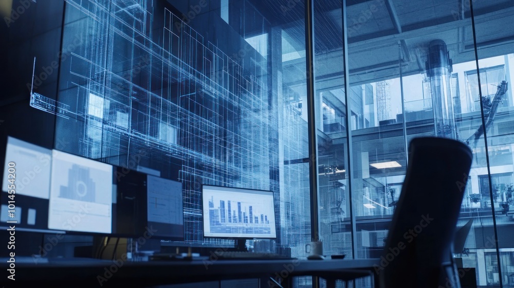 Poster Modern Office with Window View and Computer Monitors Displaying Data