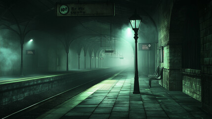 Vintage Train Platform Engulfed in Fog