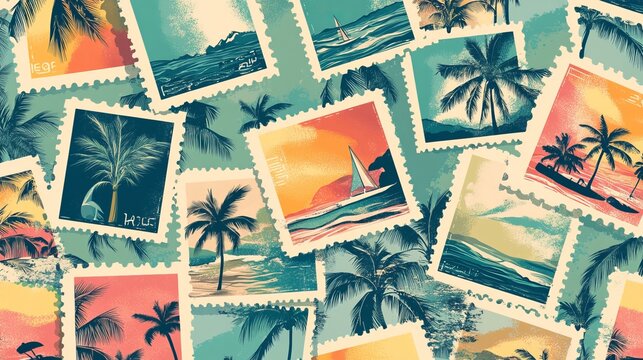 A seamless pattern featuring a set of vintage summer postcard stamps. Retro-style beach vacation postage sticker designs, creating a background illustration. 