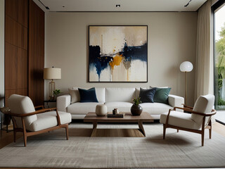 Fototapeta premium Modern open office space with cityscape view, minimalist interior design featuring a large plant. Bright workspace concept. 3D Rendering