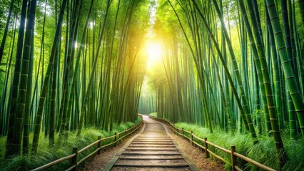 Fototapeta premium A wooden path winds through a dense bamboo forest, sunlight filtering through the tall, slender stalks, illuminating a serene landscape.
