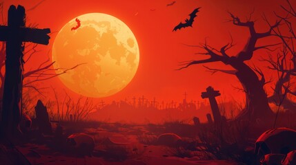 A spooky graveyard scene under a large full moon, with bats, skeletal remains, and dark trees, evoking a Halloween atmosphere.