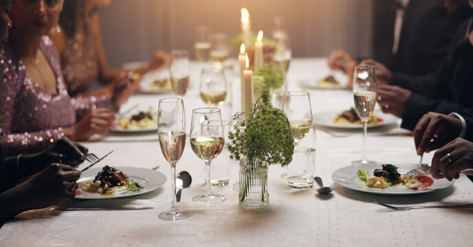 Hands, dinner and business people at party with food, drinks or plate for charity drive at night. Group, friends and luxury fine dining for fundraiser with celebration, alcohol or glass at gala event