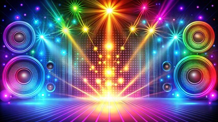 Fototapeta premium Vibrant Neon Lights Dance Across a Stage Framed by Majestic Speakers, Beckoning the Rhythm of a Night Filled with Energetic Sounds