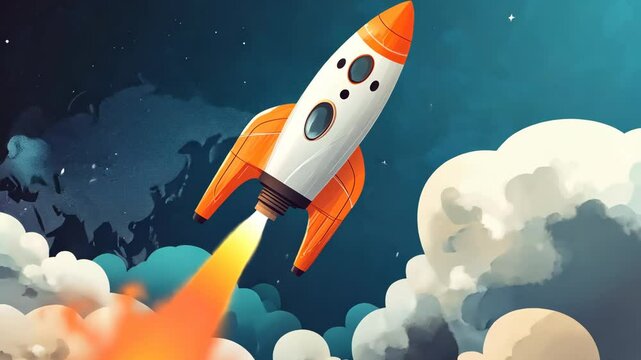 A white and orange rocket blasts off into space, leaving a trail of fire behind it