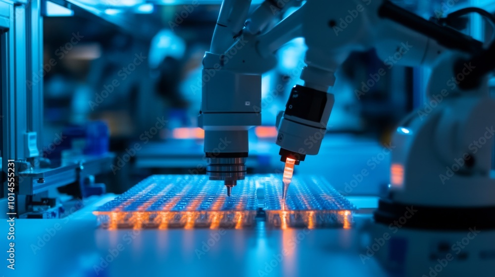Poster Two robotic arms are working on a production line in a factory. The arms are moving towards a grid of small, orange lights. The factory is lit with blue lights.