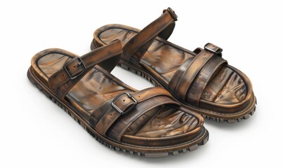 Pair of classic leather sandals, white background, 4K hyperrealistic photo