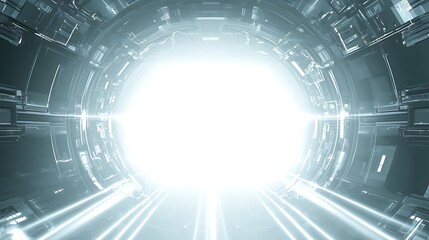 Obraz premium A futuristic tunnel with glowing lights and a bright white light at the end.