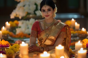 Golden Drape, Candlelit Asian Woman, Joyful Ceremony