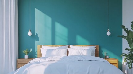 A serene bedroom features a teal accent wall behind a wooden bed adorned with fluffy white pillows