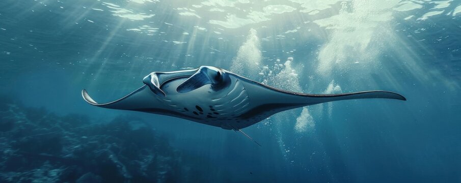 Manta ray gliding majestically through open water, 4K hyperrealistic photo