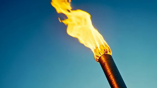 A torch burns brightly against a clear blue sky