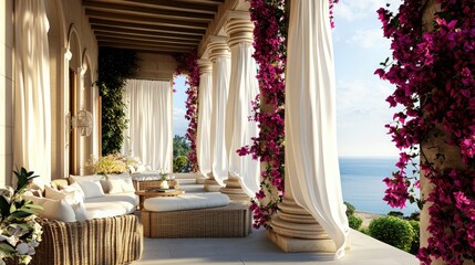 Fototapeta premium A stylish Mediterranean porch with a rattan seating area
