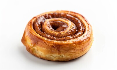 Freshly baked cinnamon roll, white background, 4K hyperrealistic photo