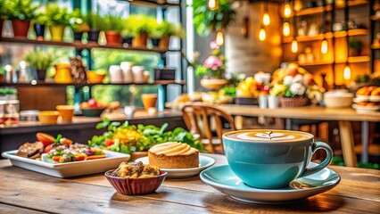 Fototapeta premium A cup of latte art, a pastry, and a salad on a wooden table in a quaint cafe setting.