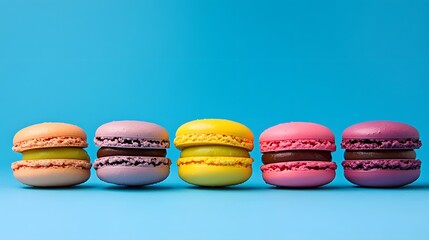 Brightly colored macaroons arranged in a neat row.