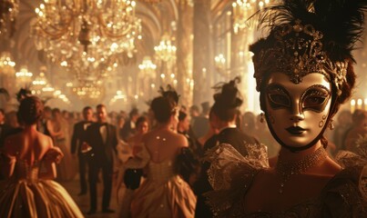 Grand masquerade ball at a carnival, with attendees in exquisite masks and elegant attire, chandeliers casting a magical glow over the dance floor, 4K hyperrealistic photo