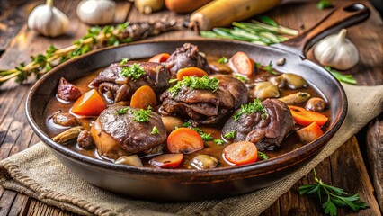 Aromatic Braised Meat Stew with Carrots, Mushrooms, and Fresh Herbs in a Rustic Brown Pot