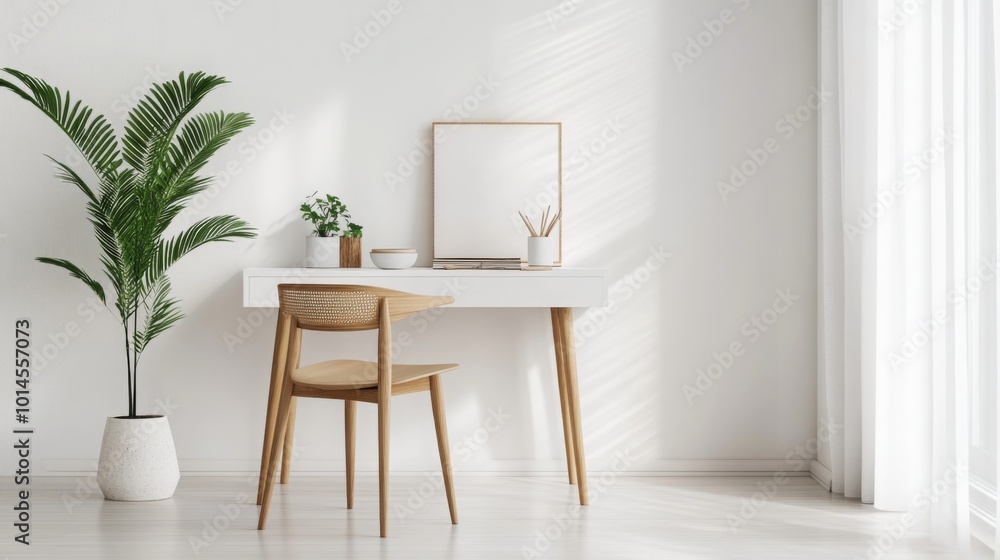 Poster a white desk with a wooden chair sits in a bright room. a potted plant is on the floor to the left o