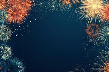 Vector illustration with bright colorful fireworks border on a dark blue background, space for text. Flat style design. Concept for holiday celebration, greeting card, poster, with generative ai