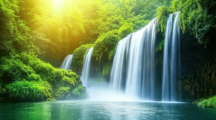 Obraz premium Lush Green Forest Waterfall Cascading into a Tranquil Pool