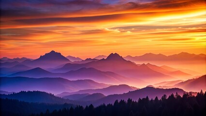 Obraz premium Silhouettes of mountains bathed in the warm glow of a fiery sunset, with layers of blue haze and a forest at the base.