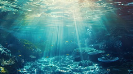 Obraz premium A serene underwater scene showcasing sunlight filtering through water, illuminating coral reefs and marine life.