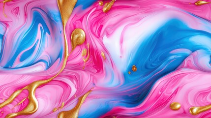 Colorful Swirls of Blue, Pink, and Gold Ink Liquid