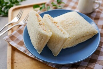 Tuna Mayonnaise Pocket Sandwich in blue ceramic plate 