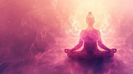 A serene figure meditating, surrounded by ethereal light and colors, symbolizing peace and mindfulness.