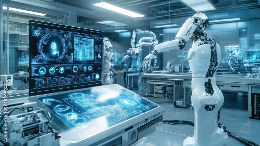 Aufkleber Advanced robotic arm and a holographic display in a futuristic laboratory