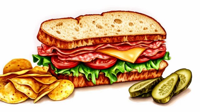 A delicious-looking sandwich filled with meat, cheese, lettuce, and tomato is served with potato chips and pickles