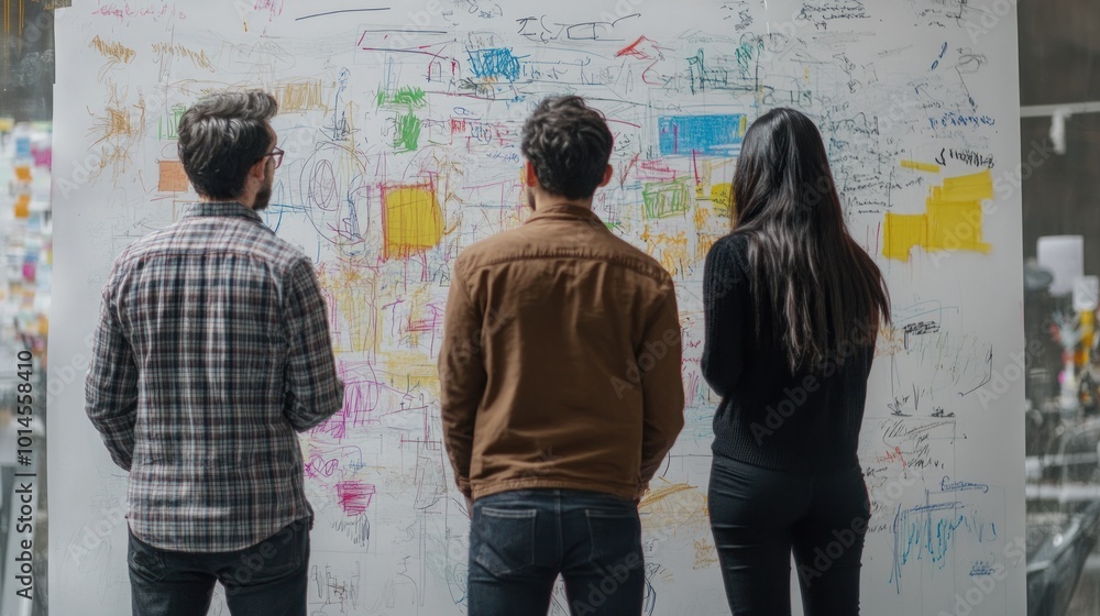 Poster three individuals analyzing a colorful brainstorming wall filled with notes and sketches.