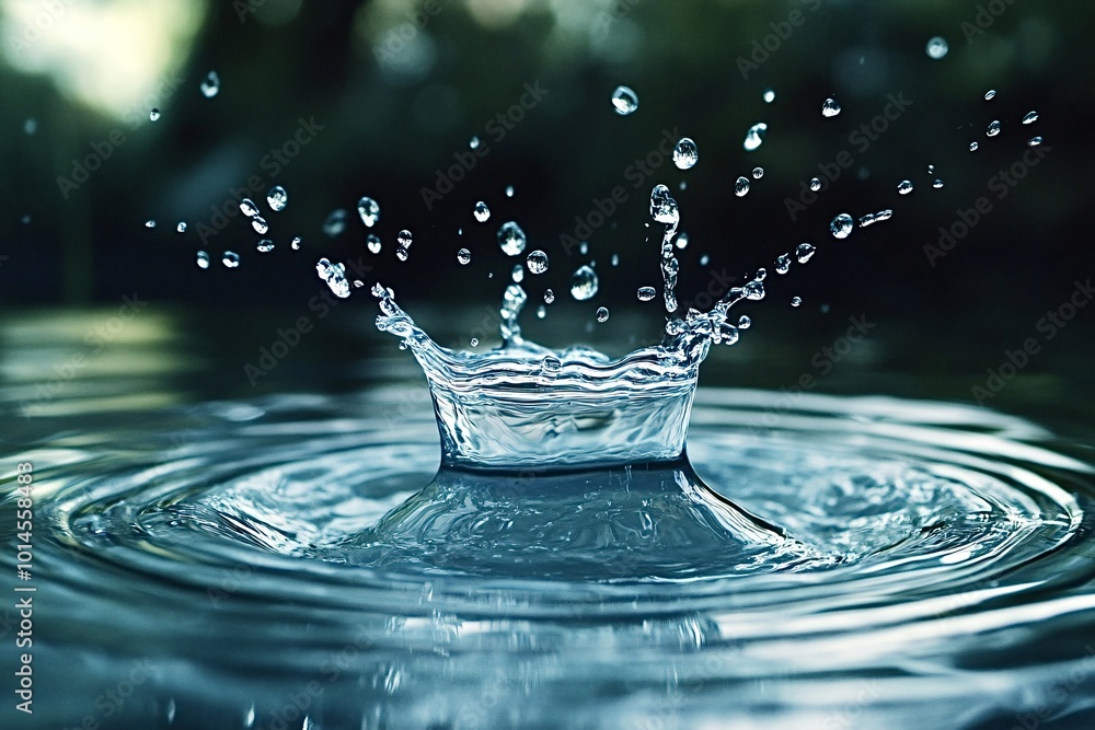 Poster single water droplet splashes into a pool, creating ripples and a crown-like shape, reflecting the b