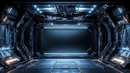 Futuristic interior of a spaceship with a large, glowing blue rectangular doorway.