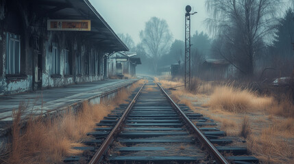 Fototapeta premium Foggy Deserted Train Station with Overgrown Rails