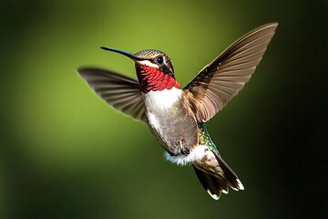 Fototapeta premium Vibrant ruby-throated hummingbird is frozen in mid-air, its wings a blur of motion as it hovers against a soft green background