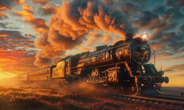 Nostalgic steam locomotive at sunset, 4K hyperrealistic photo