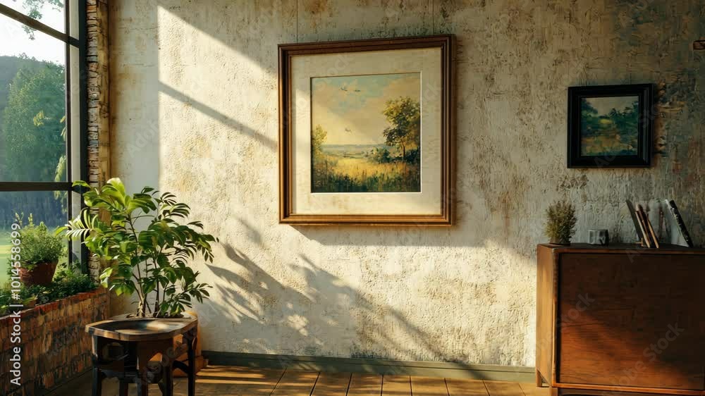Poster sunlight streams through a window, illuminating a room with a large painting and a small plant on a 