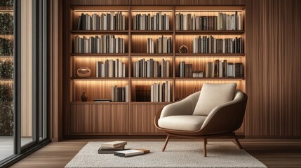 A tranquil and minimalist reading nook with a mix of sleek and warm wood finishes