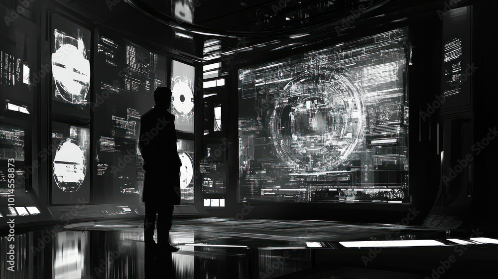 Leinwandbilder a silhouetted figure stands before a wall of screens displaying data and code
