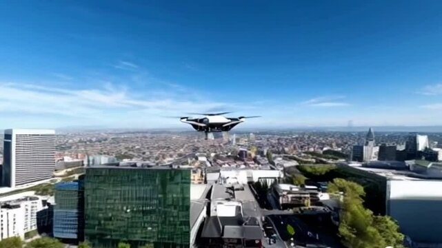 Futuristic manned roto passenger drone flying in the sky over modern city 2050 for future air transportation and robotics video.