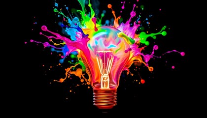 Lightbulb with Glowing Filaments Exploding with Colorful Ink Forming Abstract Animal Shapes