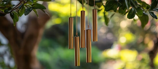 Decorative brass tube wind chime for enhancing garden or pergola ambiance.