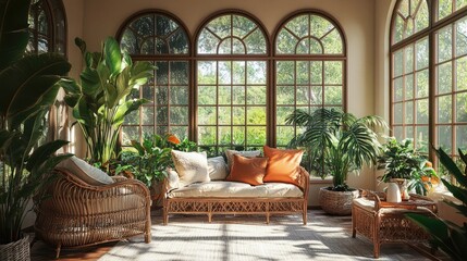 A tranquil sunroom with a mix of rattan furniture