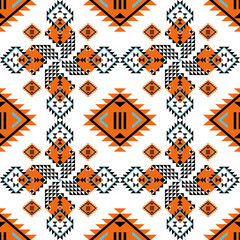 This image shows a geometric pattern featuring repeated diamond shapes with sharp angles and triangular elements. The design primarily uses black, white, and orange, creating a striking visual rhythm 