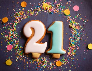 Decorated cookie, number 21, image for birthday or anniversary celebration