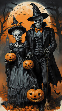 Halloween Skeleton Couple with Pumpkins