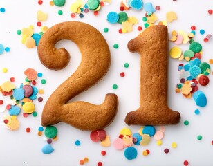 Decorated cookie, number 21, image for birthday or anniversary celebration