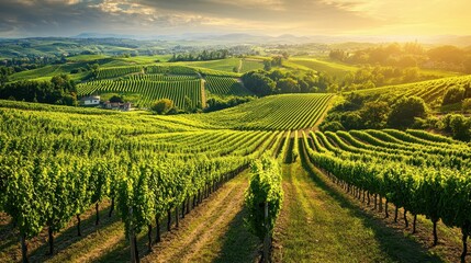 Lush vineyards under a golden sunset, showcasing rows of grapevines in a scenic landscape.